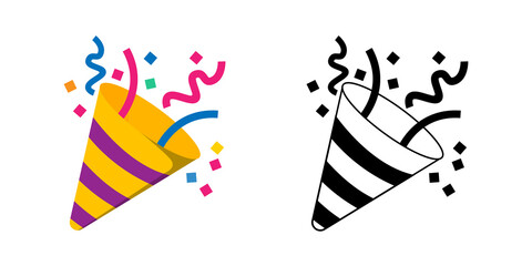 Obraz premium Set of Party Poppers with confetti.Colorful vector icon and black line icon isolated on white background. The element of celebrating .
