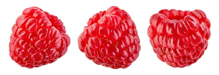 Raspberry isolated. Fresh raspberry on white background. Raspberries set. Fly berries. Top view. With clipping path.