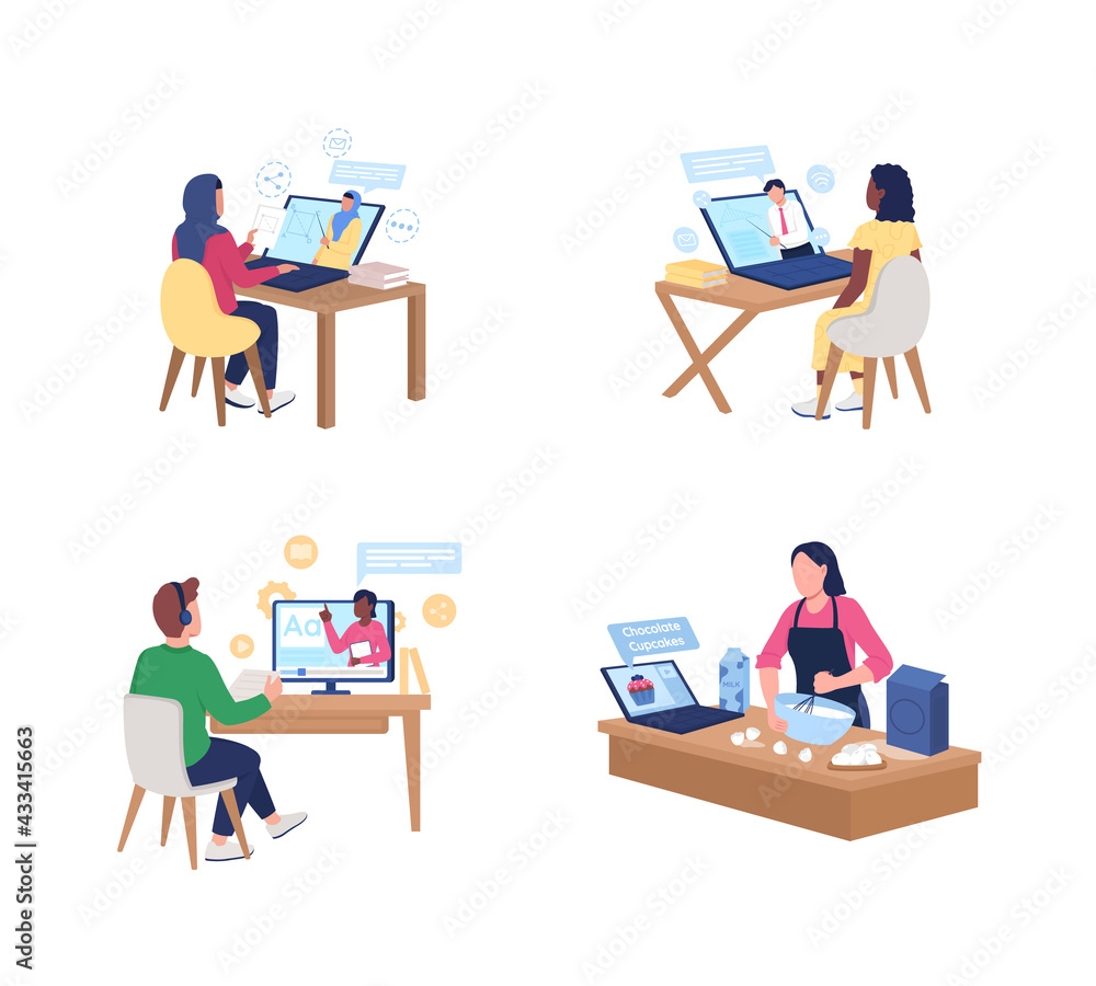 Poster watching online tutorials flat color vector faceless character set. muslim woman watching video on g