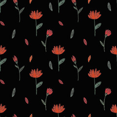 Pattern of flowers drawn with a colored pencil on a black background