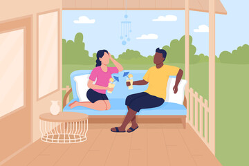 Friends meeting on patio flat color vector illustration. Outdoor meeting space. Enjoying summer days with beloved one on veranda 2D cartoon faceless characters with open-air veranda on background - obrazy, fototapety, plakaty