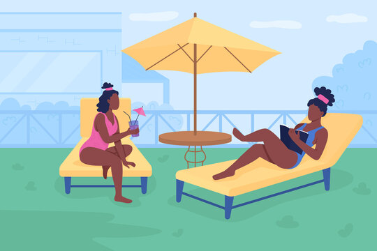 Backyard Leisure For Friends Flat Color Vector Illustration. Beach Activities Alternative. Girlfriends Tanning In Lounge Chairs 2D Cartoon Faceless Characters With Outdoor Garden Space On Background