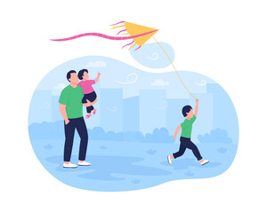 Running flying kite with children 2D vector web banner, poster. Small boy playing with kite flat characters on cartoon background. Fun family activity printable patch, colorful web element