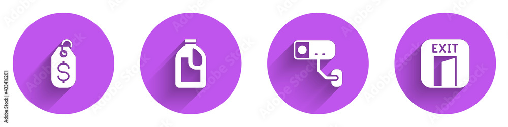 Poster set price tag with dollar, bottle for cleaning agent, security camera and fire exit icon with long s