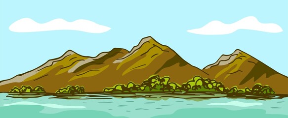 Simple color vector drawing in flat style. Mountains on the horizon, green bushes, clear lake, clouds in the blue sky. Summer panoramic landscape, nature. For prints of postcards, posters, tourism.