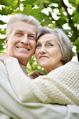 beautiful senior couple  hugging  in the park