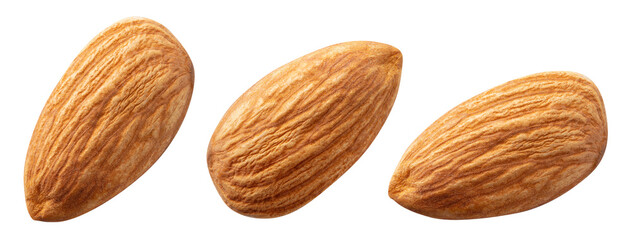 Almonds isolated. Almond on white background. Almond set top view. With clipping path. Full depth...