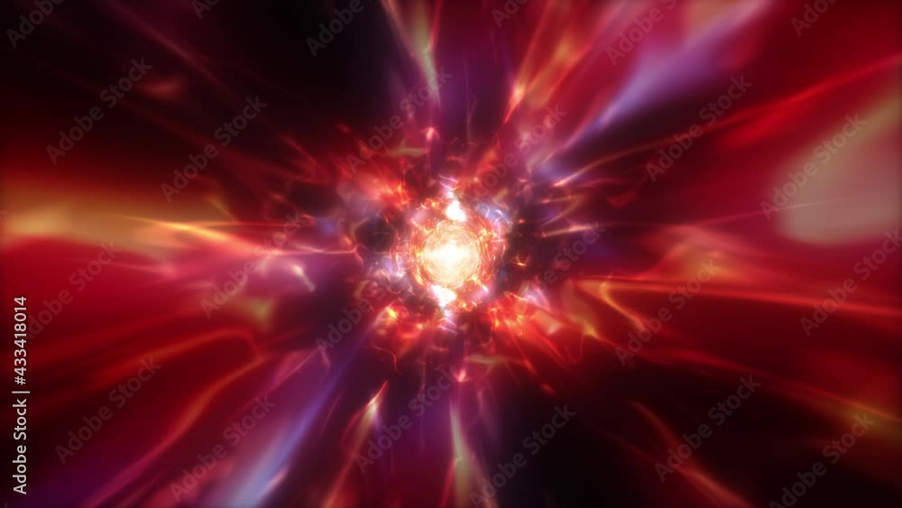Poster flying in a colorful abstract fire energy hyper space tunnel concept. 4k bright vortex energy flows 