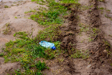 close-up-among the fresh young grass of fallen dry brown leaves lies discarded garbage, a plastic bottle, environmental pollution, selective focus