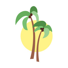 Simple color logo for exotic fruits, hotel business, travel agency, airline. Colored flat illustration with tropical palm trees and sun. Summer objects and elements for stickers, emblems, labels, sign