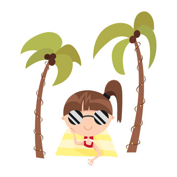 Cute cartoon teen girl in sunglasses sunbathes on a beach mat. Cool summer mascot character resting under palm trees. Flat illustration of vacation, relaxation, resort, hotel, island, tourism, travel.