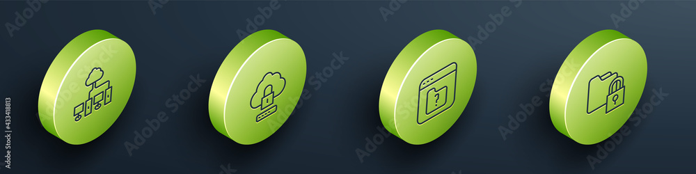 Poster set isometric line computer network, cloud computing lock, file missing and folder and icon. vector