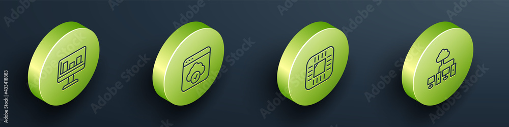 Poster set isometric line monitor with graph chart, cloud technology data transfer, processor cpu and compu