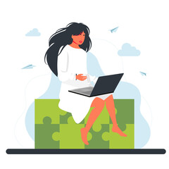Woman Sitting on Huge Jigsaw Puzzle Element. Business concept. .Creative Idea Integration, Problem and Task Solution in Business Concept. working woman sitting with a laptop. Freelance remote work