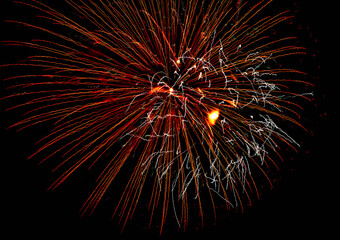 Bright festive fireworks against the night sky. Firework Fiery flowers during the holiday.