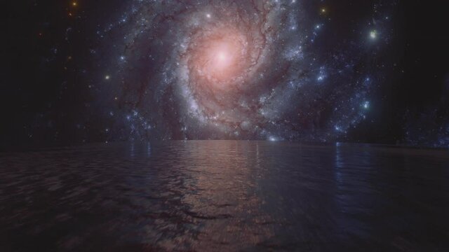  A galaxy reflecting in the ocean. Sci fi fantasy animated background.