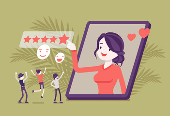 Positive online reputation management, excellent rating star scale. Building and maintaining reputable opinion of brand for potential customers, good review. Vector flat style cartoon illustration