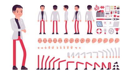 Businessman, smart office worker construction set. Manager, administrative person, corporate employee dress code and business objects. Cartoon flat style infographic illustration, different emotions