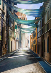 Illustration old street with tents over roofs