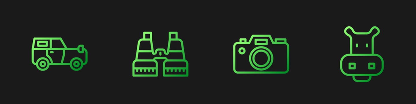 Set Line Photo Camera, Off Road Car, Binoculars And Hippo Or Hippopotamus. Gradient Color Icons. Vector