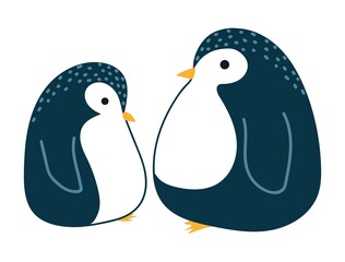 Big penguin and little penguin cub. Postcard, drawing on clothes, poster for children in the style of the cartoon.