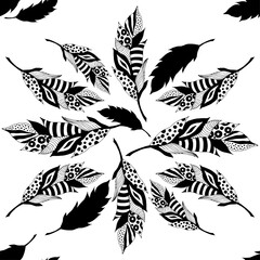 Black painted decorative feathers on a white background. Seamless pattern. Creative illustration. Vector illustration for web design or print.