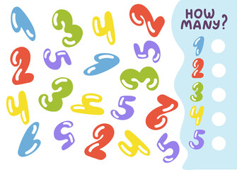 Counting game for preschool kids. Educational math game. Count how many numbers there are and write down the result. Vector illustration in cartoon style
