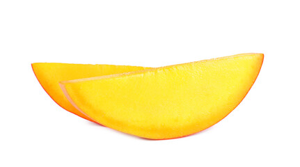 Juicy mango slices on white background. Tropical fruit
