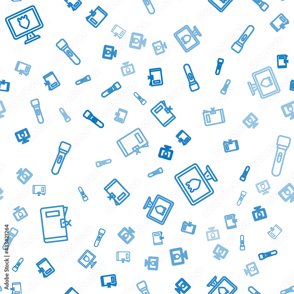 Poster set line police station folder, database and flashlight on seamless pattern. vector