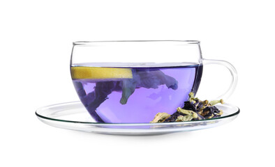 Glass cup of organic blue Anchan with lemon on white background. Herbal tea