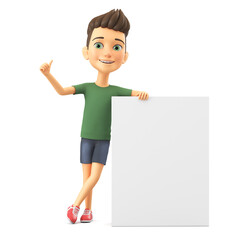 Cartoon character guy in a green T-shirt is leaning against an empty board and showing a thumb up. 3D rendering.