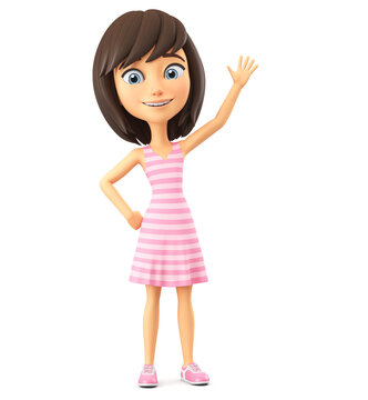 Cheerful cartoon character girl in pink striped dress smiles happily, saying hi, waving hand. 3D rendering.