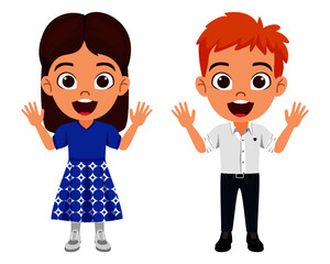 Happy cute kid boy and girl characters wearing beautiful outfit standing together and waving isolated