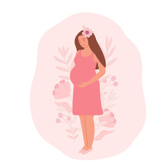 A pregnant young woman in a dress. Beautiful girl future mother among the flowers. Flat vector illustration, maternity and health concept for design, postcards and flyers.