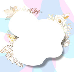 Gold frame. 3D paper cut. Leaves and flowers from golden threads. Original frame with summer flowers in vintage style. Vector illustration. Place for an inscription.