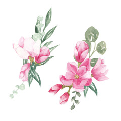 Watercolor pink marnolia, template card with white background