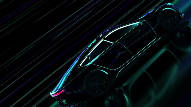 The prototype of a sports supercar drives through an undefined space. Fast car driving in a tunnel, information flow, artificial intelligence drives a car in a neon style.