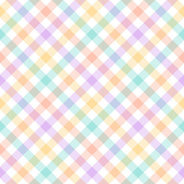 Vichy pattern spring summer in purple, orange, green, yellow, white. Seamless pastel gingham tartan check plaid pattern for gift paper, tablecloth, picnic blanket, other modern textile or paper print.