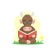 brown bull reading a red book in the meadow