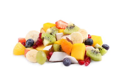 Pile of delicious fruit salad on white background