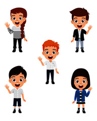 Happy cute kid boys and girls character set collection wearing beautiful outfit standing and waving isolated