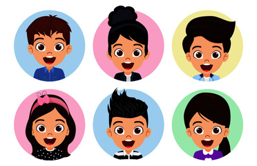 Happy cute kid boys and girls character avatar set collection wearing beautiful outfit posing in circle shape colorful