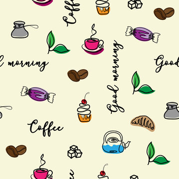Seamless patterns with coffee beans, candy cup, cupcake, croasan, coffee teapot, teapot, sugar and phrases Ideal for printing onto fabric and paper