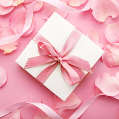 gift box with ribbon bow and pink rose flower petals on pink background. mothers day, wedding, valentines day or birthday design