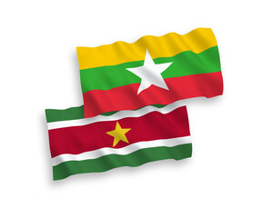 Obraz premium Flags of Republic of Suriname and Myanmar on a white background