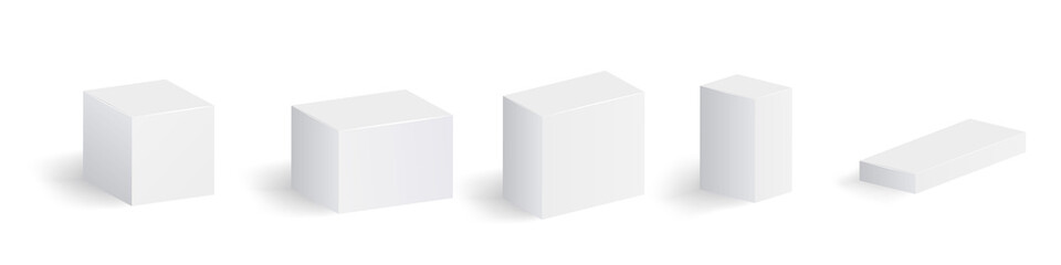 Set white cardboard boxes. Box 3d vector isolated mockups. Container package, cardboard box, mockup compact block. Vector illustration.