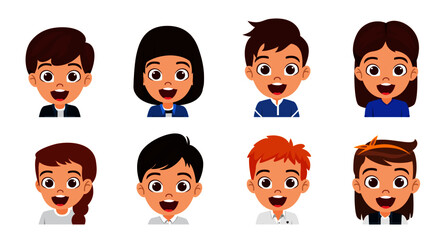 Happy cute kid boys and girls character avatar set collection wearing beautiful outfit posing