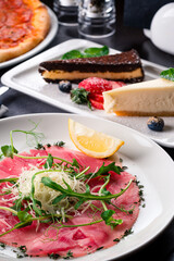 italian food set pizza pepperoni, pasta and tartare