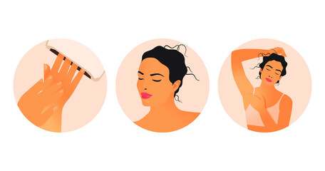 Beauty Studio Badges. Females with Natural Makeup and Healthy Skin Portrait, Nail Care. Modern Flat Vector Illustration. Beautiful Models on Beige Background. Social Media Highlights Template.