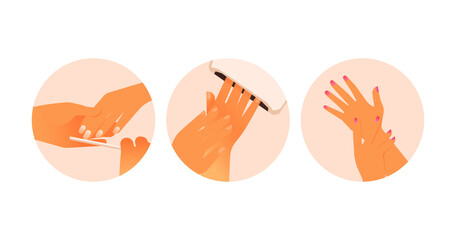 Fototapeta premium Beauty Studio Badges. Hand of Female, Nail Care Procedure, Gel Polish. Modern Flat Vector Illustration. Beautiful Models on Beige Background. Social Media Highlights Template.